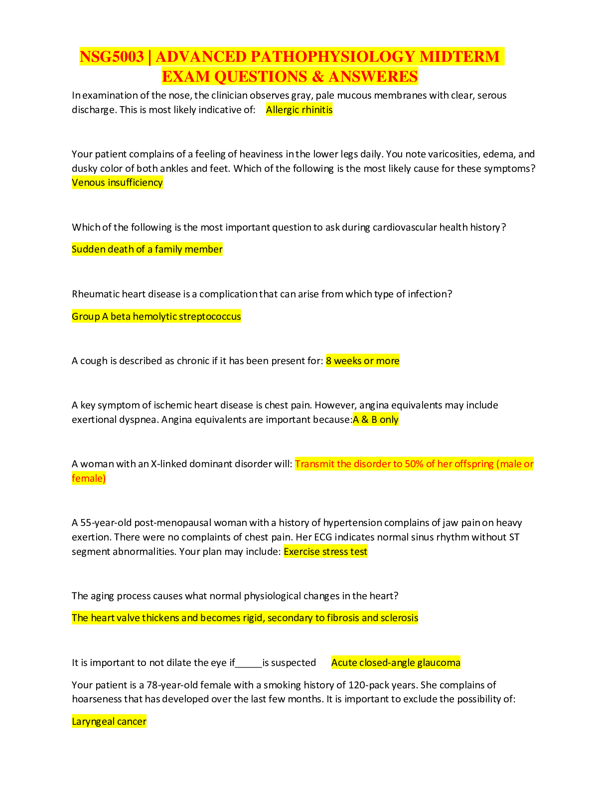Preview image for NSG5003 | ADVANCED PATHOPHYSIOLOGY MIDTERM EXAM QUESTIONS & ANSWERS
